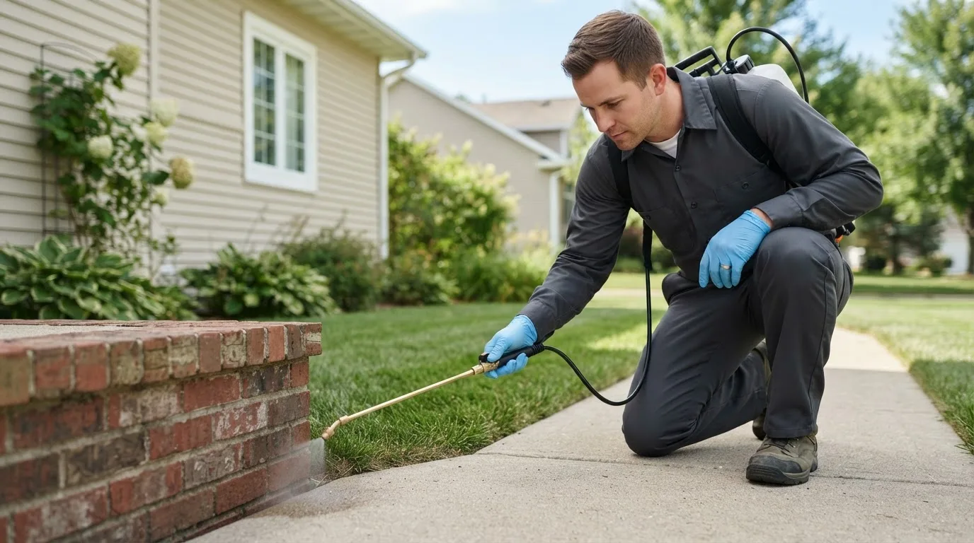 Pest control technician treating a home near Delhi, IA
