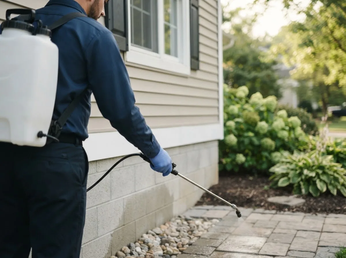 Pest control technician inspecting a home in Delhi, IA